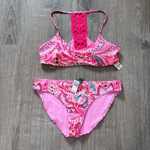 Aerie Pink Paisley Print Hot pink swim set size L NWT